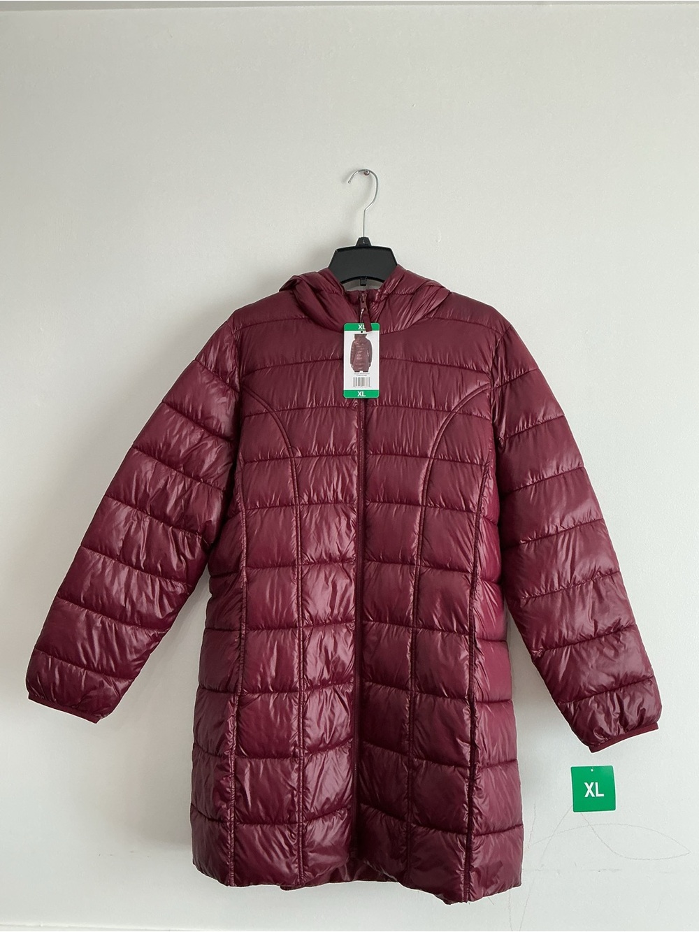 Long Hooded Quilted Puffer Coat in Burgundy